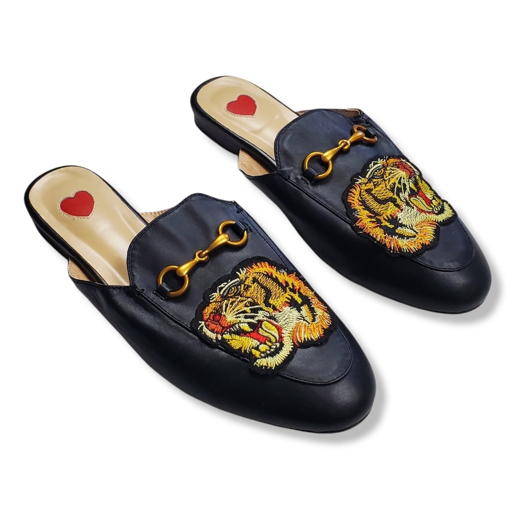 BaShafanni Heart Tiger Mules Horsebit Genuine Leather Women's Size 42 EU / 10 US